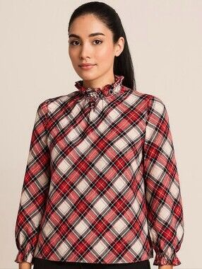 J Crew Snow Stewart Tartan Plaid Ruffle Neck Blouse